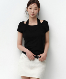 ウィメンズウールテンセルホルターレイヤードTシャツ[ブラック]
