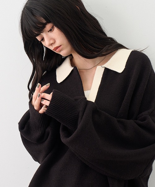 NOGLE(ノグル)の「【NOGLE/ノグル】スキッパーポロニット(ニット/セーター・レディース・グレー/グレー系その他/ブラック系/ネイビー/ブラック/グレー系/レッド系/イエロー・FREE)」の3枚目の写真