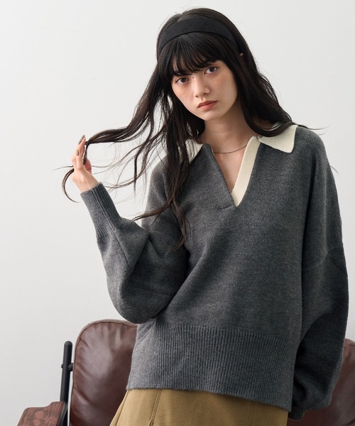 NOGLE(ノグル)の「【NOGLE/ノグル】スキッパーポロニット(ニット/セーター・レディース・グレー/グレー系その他/ブラック系/ネイビー/ブラック/グレー系/レッド系/イエロー・FREE)」の5枚目の写真