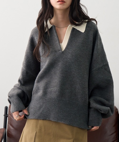 NOGLE(ノグル)の「【NOGLE/ノグル】スキッパーポロニット(ニット/セーター・レディース・グレー/グレー系その他/ブラック系/ネイビー/ブラック/グレー系/レッド系/イエロー・FREE)」の16枚目の写真