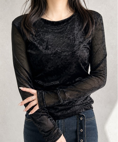GREENHOX(グリーンホックス)の「【華奢見え】クラッシュベロアシアーロングスリーブトップス(Tシャツ/カットソー・レディース・ブラック/ライトブラウン/オフホワイト・MEDIUM/LARGE)」の3枚目の写真