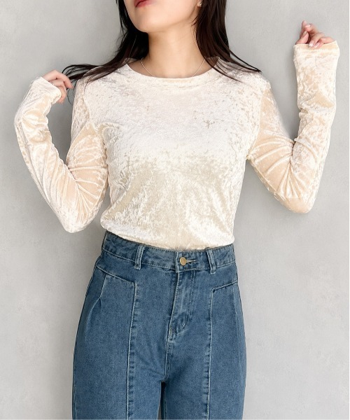 GREENHOX(グリーンホックス)の「【華奢見え】クラッシュベロアシアーロングスリーブトップス(Tシャツ/カットソー・レディース・ブラック/ライトブラウン/オフホワイト・MEDIUM/LARGE)」の18枚目の写真