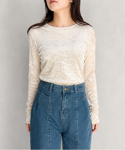 GREENHOX(グリーンホックス)の「【華奢見え】クラッシュベロアシアーロングスリーブトップス(Tシャツ/カットソー・レディース・ブラック/ライトブラウン/オフホワイト・MEDIUM/LARGE)」の15枚目の写真