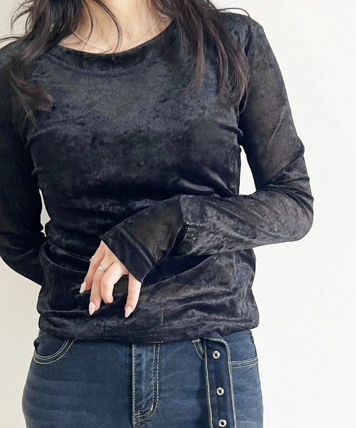 GREENHOX(グリーンホックス)の「【華奢見え】クラッシュベロアシアーロングスリーブトップス(Tシャツ/カットソー・レディース・ブラック/ライトブラウン/オフホワイト・MEDIUM/LARGE)」の4枚目の写真