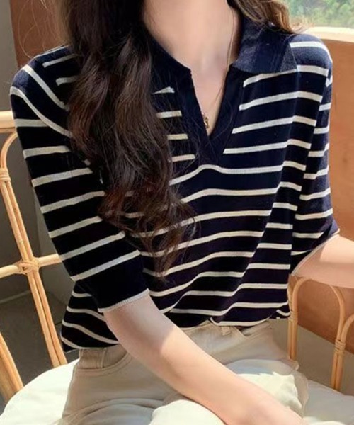 mielu(ミエル)の「ボーダーポロサマーニット(ニット/セーター・レディース・ブラック/ネイビー/ホワイト・LARGE/MEDIUM)」の3枚目の写真