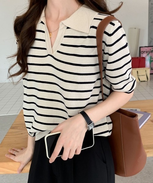 mielu(ミエル)の「ボーダーポロサマーニット(ニット/セーター・レディース・ブラック/ネイビー/ホワイト・LARGE/MEDIUM)」の2枚目の写真