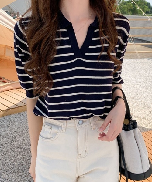 mielu(ミエル)の「ボーダーポロサマーニット(ニット/セーター・レディース・ブラック/ネイビー/ホワイト・LARGE/MEDIUM)」の1枚目の写真