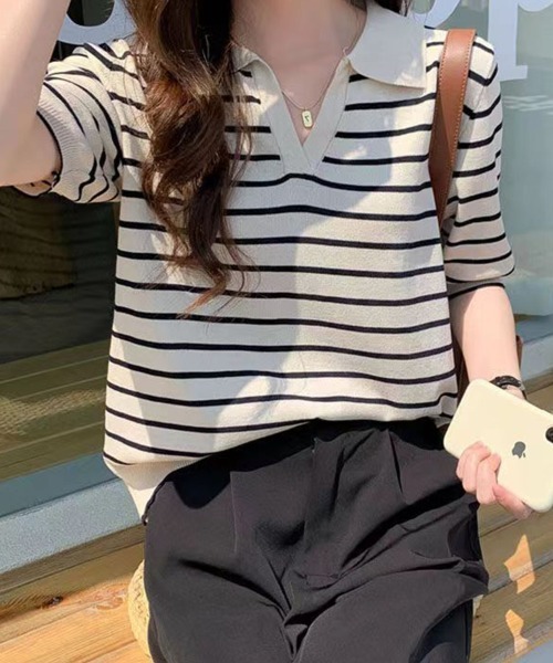 mielu(ミエル)の「ボーダーポロサマーニット(ニット/セーター・レディース・ブラック/ネイビー/ホワイト・LARGE/MEDIUM)」の4枚目の写真
