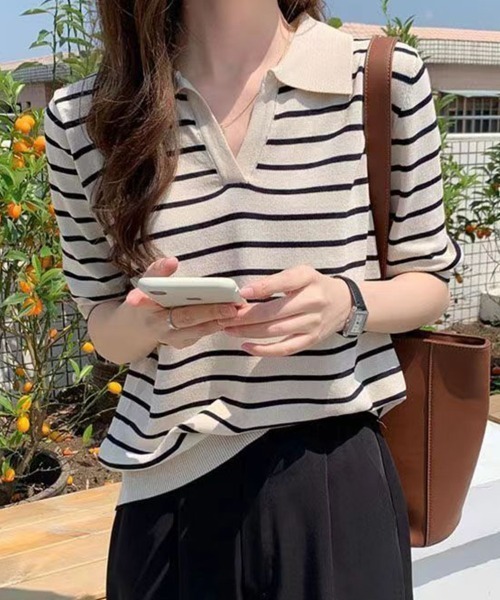 mielu(ミエル)の「ボーダーポロサマーニット(ニット/セーター・レディース・ブラック/ネイビー/ホワイト・LARGE/MEDIUM)」の5枚目の写真