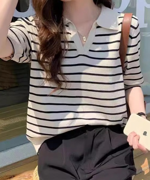 mielu(ミエル)の「ボーダーポロサマーニット(ニット/セーター・レディース・ブラック/ネイビー/ホワイト・LARGE/MEDIUM)」の6枚目の写真