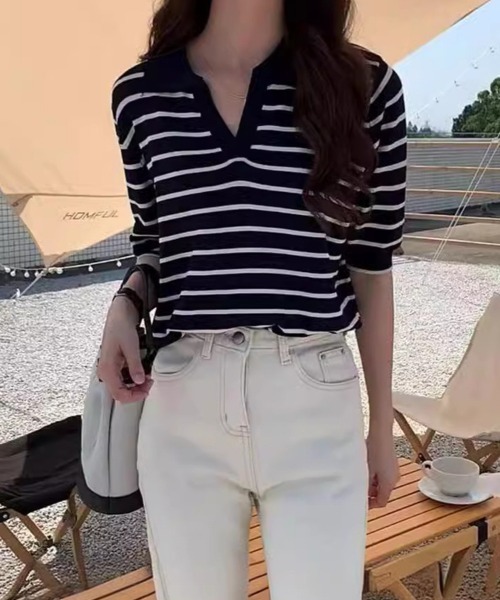mielu(ミエル)の「ボーダーポロサマーニット(ニット/セーター・レディース・ブラック/ネイビー/ホワイト・LARGE/MEDIUM)」の7枚目の写真