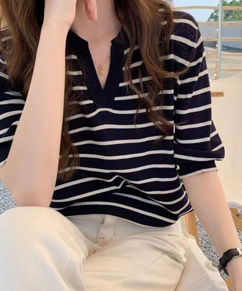 mielu(ミエル)の「ボーダーポロサマーニット(ニット/セーター・レディース・ブラック/ネイビー/ホワイト・LARGE/MEDIUM)」の9枚目の写真