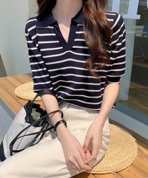 mielu(ミエル)の「ボーダーポロサマーニット(ニット/セーター・レディース・ブラック/ネイビー/ホワイト・LARGE/MEDIUM)」の10枚目の写真