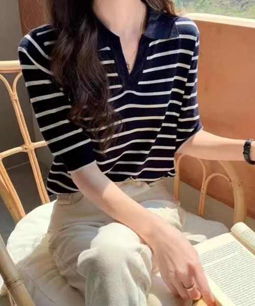 mielu(ミエル)の「ボーダーポロサマーニット(ニット/セーター・レディース・ブラック/ネイビー/ホワイト・LARGE/MEDIUM)」の11枚目の写真