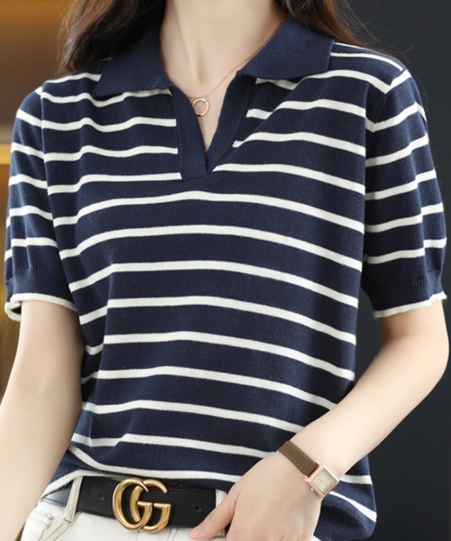 mielu(ミエル)の「ボーダーポロサマーニット(ニット/セーター・レディース・ブラック/ネイビー/ホワイト・LARGE/MEDIUM)」の12枚目の写真