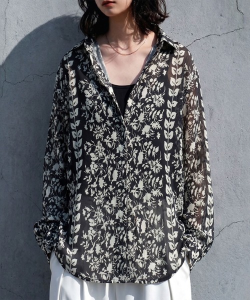antiqua(アンティカ)の「花柄 ボタニカル柄 シアーシャツ(シャツ/ブラウス・レディース・ブラック・ONESIZE)」の2枚目の写真