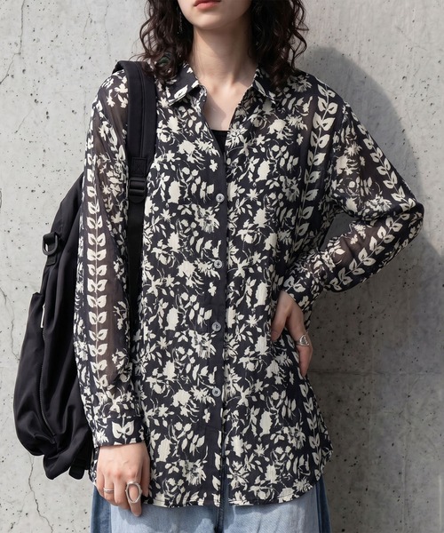 antiqua(アンティカ)の「花柄 ボタニカル柄 シアーシャツ(シャツ/ブラウス・レディース・ブラック・ONESIZE)」の6枚目の写真