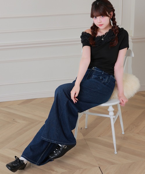 Anely(アネリー)の「Anely リボン ダブル ポケット ワイド デニム パンツ(デニムパンツ・レディース・ネイビー・FREE)」の5枚目の写真