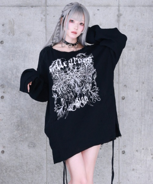 ダブルクロスプリントダメージガーゼトップス（Tシャツ/カットソー