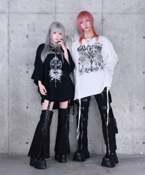 Amilige アミリージュ ダメージガーゼトップス ダブルクロスプリントダメージガーゼトップス（Tシャツ/カットソー