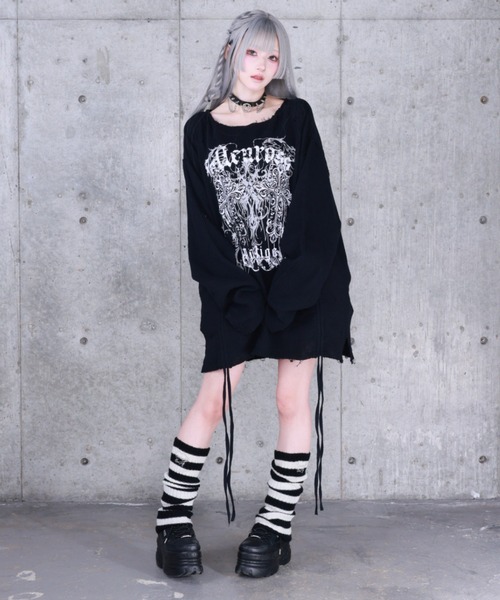 Amilige(アミリージュ)の「ダブルクロスプリントダメージガーゼトップス(Tシャツ/カットソー・レディース・ホワイト/ブラック・FREE)」の4枚目の写真