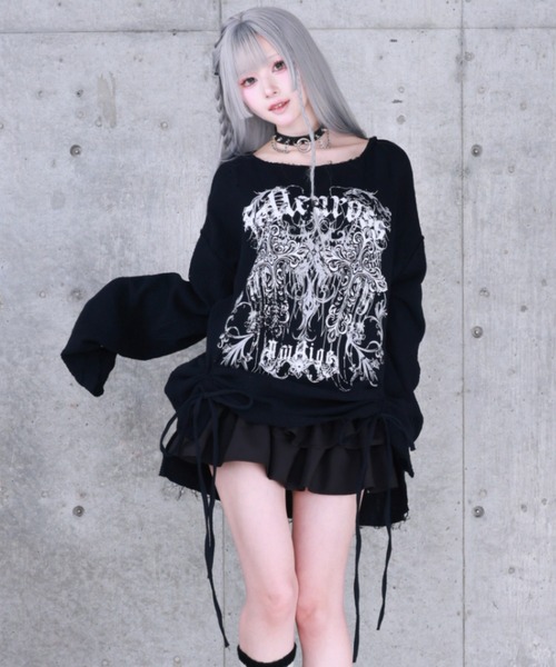 Amilige(アミリージュ)の「ダブルクロスプリントダメージガーゼトップス(Tシャツ/カットソー・レディース・ホワイト/ブラック・FREE)」の6枚目の写真