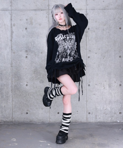 Amilige(アミリージュ)の「ダブルクロスプリントダメージガーゼトップス(Tシャツ/カットソー・レディース・ホワイト/ブラック・FREE)」の7枚目の写真