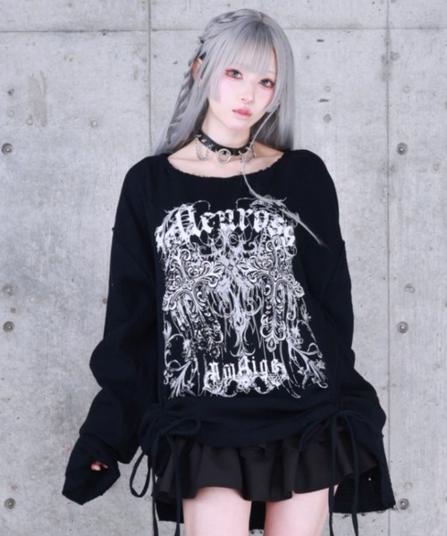 Amilige(アミリージュ)の「ダブルクロスプリントダメージガーゼトップス(Tシャツ/カットソー・レディース・ホワイト/ブラック・FREE)」の5枚目の写真