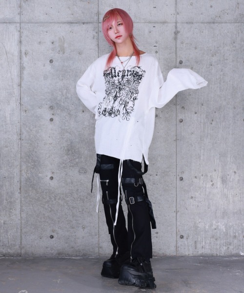 Amilige(アミリージュ)の「ダブルクロスプリントダメージガーゼトップス(Tシャツ/カットソー・レディース・ホワイト/ブラック・FREE)」の9枚目の写真