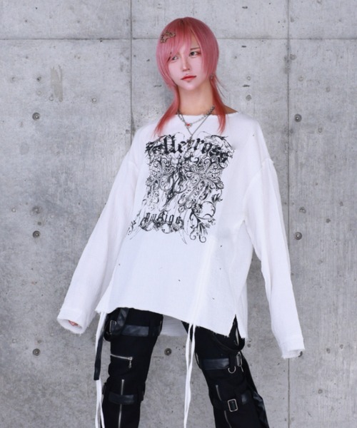 Amilige(アミリージュ)の「ダブルクロスプリントダメージガーゼトップス(Tシャツ/カットソー・レディース・ホワイト/ブラック・FREE)」の8枚目の写真