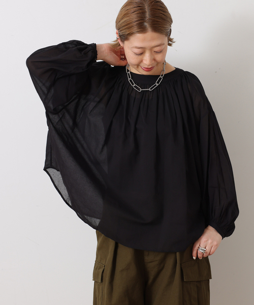 JOURNAL STANDARD LUXE(ジャーナルスタンダード ラックス)の「ハイツイストガーゼ ギャザーブラウス(シャツ/ブラウス・レディース・ブラック/ホワイト・FREE)」の3枚目の写真