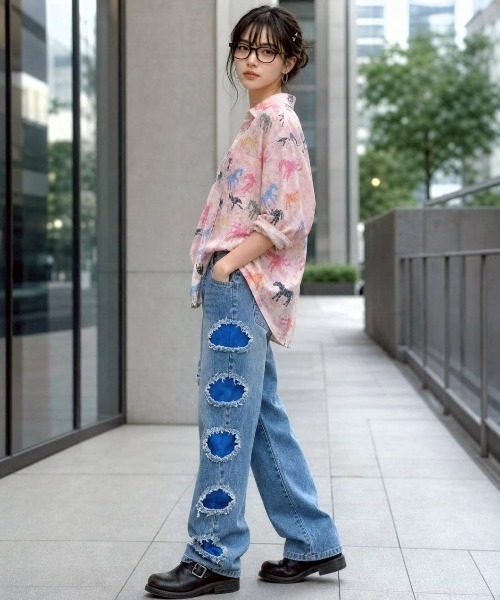 KAMINARI_TOKIO（カミナリトキオ）の「サイドダメージデニムパンツ（デニムパンツ・レディース・ダークグリーン/ブルー・FREE）」の9枚目の写真
