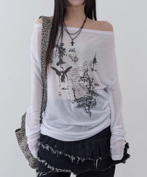 【2 タイプ】透けシアー薄手ロン T ゴシックプリントルーズ長袖トップス