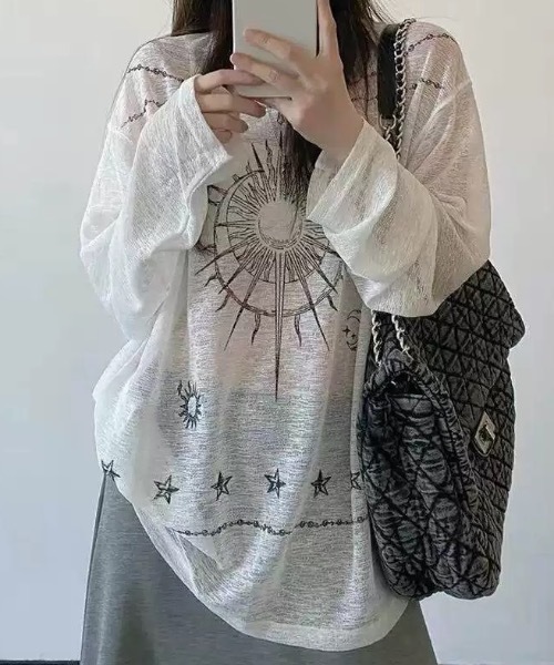 SHERU（シェル）の「【2 タイプ】透けシアー薄手ロン T ゴシックプリントルーズ長袖トップス（Tシャツ/カットソー・レディース・ホワイト/ホワイト系その他・F）」の12枚目の写真