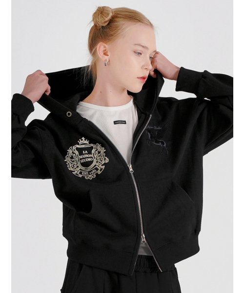 FABULOUS ARCHIVE（ファビュラスアーカイブ）の「PEGASUS CROP HOODIE ZIP-UP BLACK(FCG1ZP694M)（パーカー・レディース・ブラック・MEDIUM）」の16枚目の写真