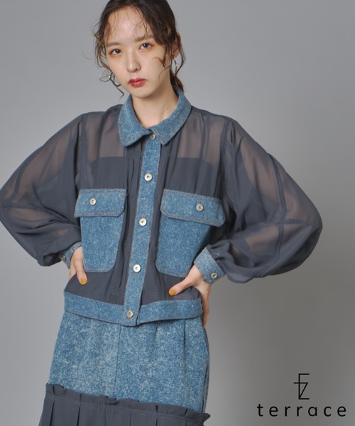 terrace(テラス)の「シアーコンビデニムショートジャケット(Tシャツ/カットソー・レディース・チャコール/カーキ/ブラック・FREE)」の2枚目の写真