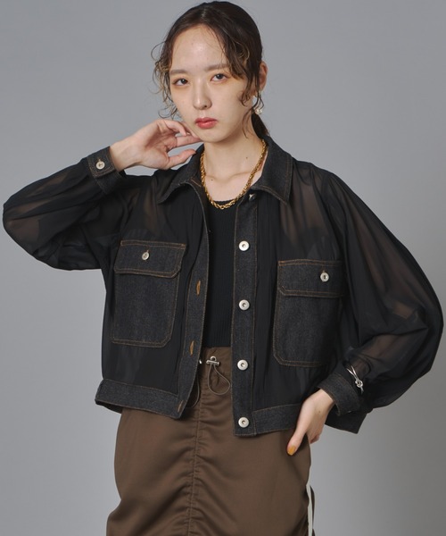 terrace(テラス)の「シアーコンビデニムショートジャケット(Tシャツ/カットソー・レディース・チャコール/カーキ/ブラック・FREE)」の1枚目の写真