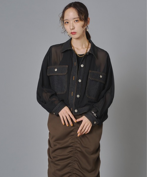 terrace(テラス)の「シアーコンビデニムショートジャケット(Tシャツ/カットソー・レディース・チャコール/カーキ/ブラック・FREE)」の4枚目の写真