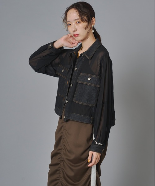 terrace(テラス)の「シアーコンビデニムショートジャケット(Tシャツ/カットソー・レディース・チャコール/カーキ/ブラック・FREE)」の5枚目の写真