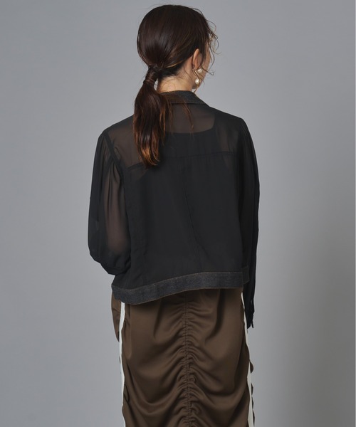terrace(テラス)の「シアーコンビデニムショートジャケット(Tシャツ/カットソー・レディース・チャコール/カーキ/ブラック・FREE)」の6枚目の写真
