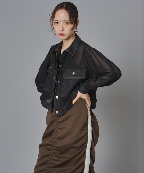 terrace(テラス)の「シアーコンビデニムショートジャケット(Tシャツ/カットソー・レディース・チャコール/カーキ/ブラック・FREE)」の8枚目の写真