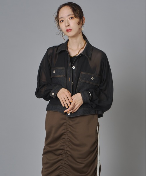 terrace(テラス)の「シアーコンビデニムショートジャケット(Tシャツ/カットソー・レディース・チャコール/カーキ/ブラック・FREE)」の9枚目の写真