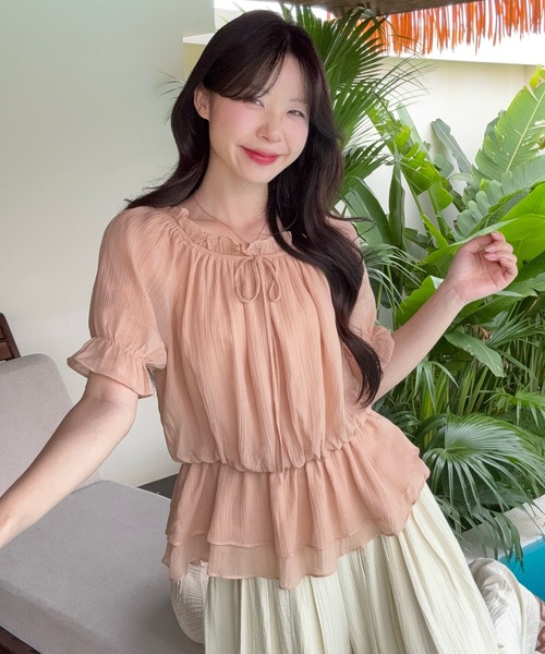 Girly Doll（ガーリードール）の「オフショルギャザーシフォンブラウス（その他トップス・レディース・イエロー/ピンク・L/M）」の5枚目の写真