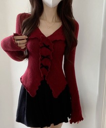 アシンメトリー メロウフリル Vネック リボン ニットトップス