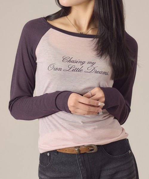 apres jour mignon(アプレジュールミニョン)の「ラグランシアートップス(Tシャツ/カットソー・レディース・オフホワイト/ピンク・LARGE/フリー)」の2枚目の写真