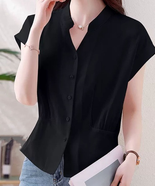 shoppinggo(ショッピングゴー)の「vネックブラウス シャツ オフィス カジュアル 半袖 襟付き スキッパー 春夏 無地(シャツ/ブラウス・レディース・ホワイト/ブラック・M)」の13枚目の写真