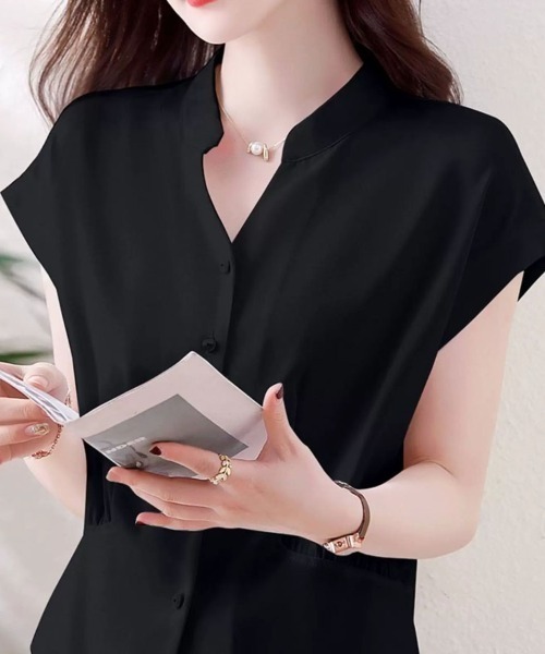 shoppinggo(ショッピングゴー)の「vネックブラウス シャツ オフィス カジュアル 半袖 襟付き スキッパー 春夏 無地(シャツ/ブラウス・レディース・ホワイト/ブラック・M)」の14枚目の写真