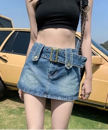 ワイドベルト付き ハイウエスト デニムミニスカート レディース A ライン スクエアバックル インナーパンツ付き  Y2K 韓国ファッション
