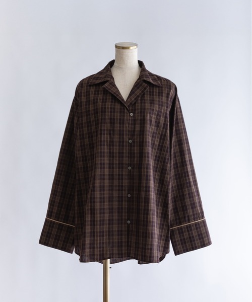 EN NEUME(エンノイム)の「Satin Piping Checked Pajama Shirt(シャツ/ブラウス・レディース・ブラック/ブラウン/ライトベージュ・1/0)」の7枚目の写真