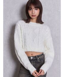 fluffyケーブルショートニットトップス